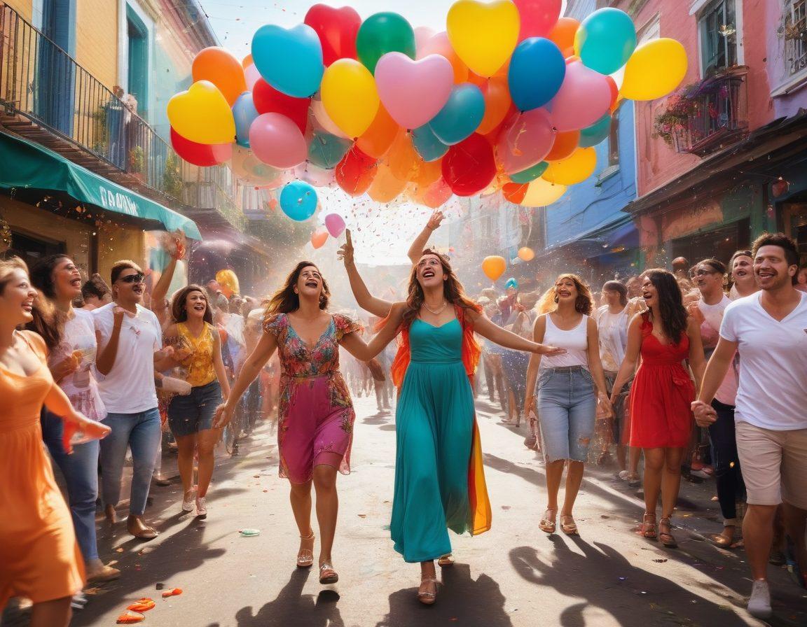 A vibrant street scene filled with people celebrating in colorful outfits, laughing and dancing. Rainbows and heart-shaped balloons float above the crowd, symbolizing joy and inclusivity. Bright murals of love and acceptance are painted on nearby walls, showcasing diverse couples in blissful moments. The atmosphere is filled with confetti, flowers, and a sunny day backdrop, radiating happiness and freedom. super-realistic. vibrant colors. lively.
