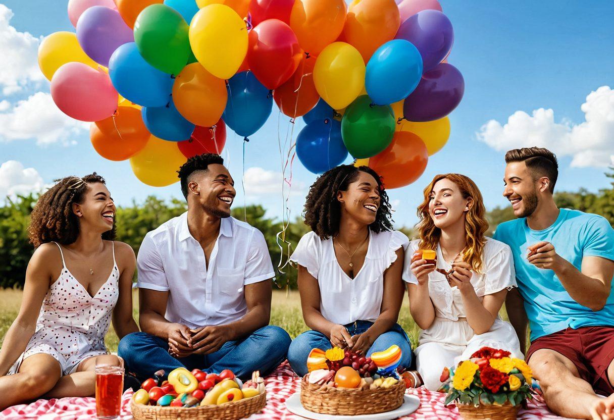 A colorful celebration scene filled with diverse LGBTQ couples joyfully laughing together, surrounded by rainbow decorations and heart-shaped balloons. Include a picnic setting with a vibrant spread of food, flowers, and friends enjoying each other's company. The sky is bright and sunny, emphasizing warmth and joy. super-realistic. vibrant colors. cheerful atmosphere. white background.