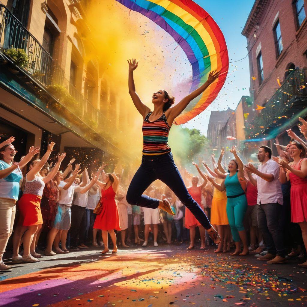 A lively street scene filled with colorful performers dancing, juggling, and showcasing acrobatics under a bright rainbow banner. The audience, a diverse group of cheering spectators, captures the joyous energy surrounding them. Festive decorations and vibrant street art enhance the playful atmosphere. The sun shines brightly, casting a warm glow on the cheerful faces. Colorful confetti floats in the air, emphasizing the celebratory mood. super-realistic. vibrant colors. lively urban setting.